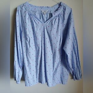 CROFT & BARROW Women Long Sleeve Pullover pink velvet dots o Blue Shirt Size 2X